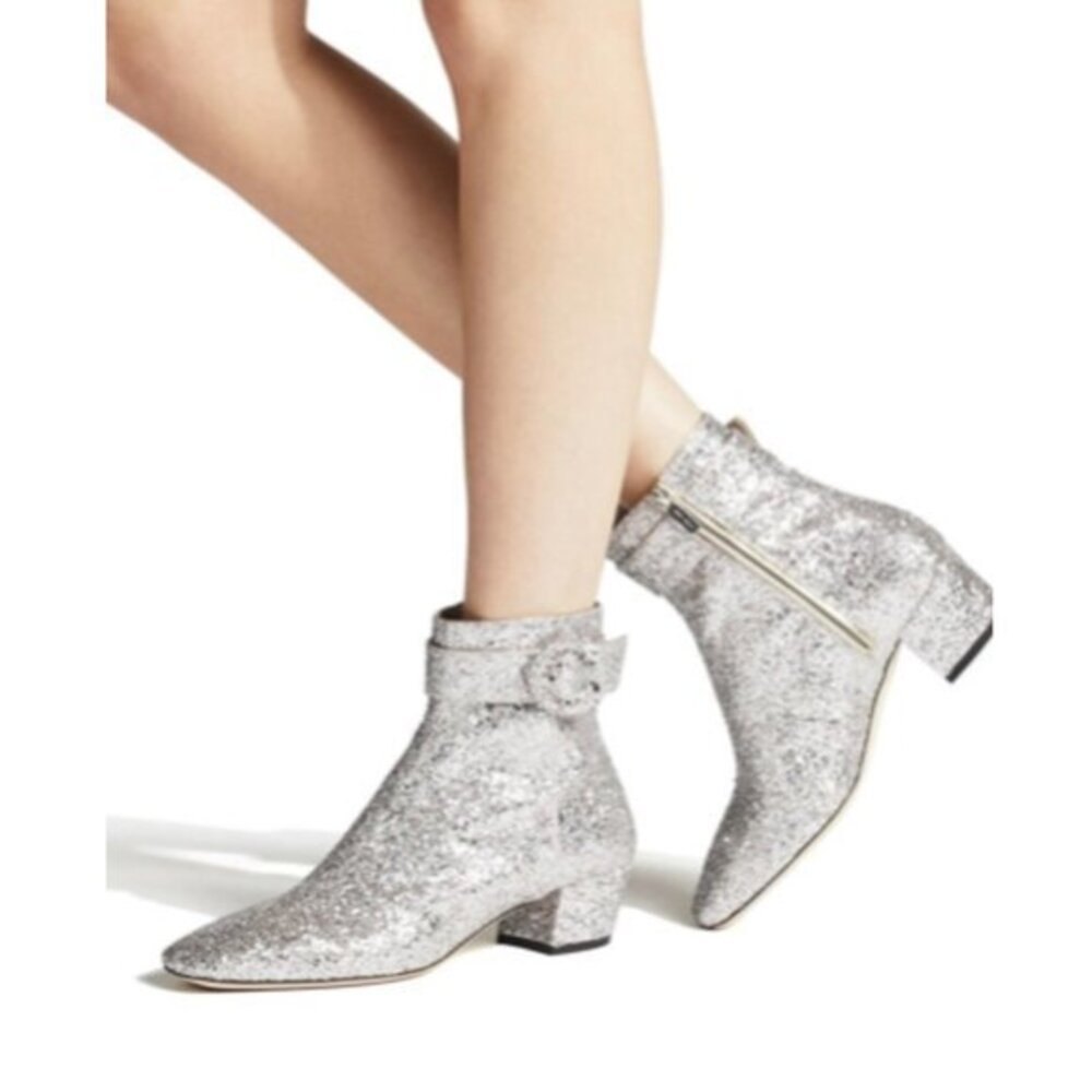 Jimmy Choo Platinum Crystal Myan 45mm Glittered Leather Ankle Boots Size 36.5